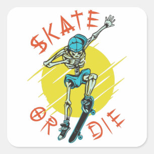 Skate or die Skelett Skateboarder Quadratischer Aufkleber
