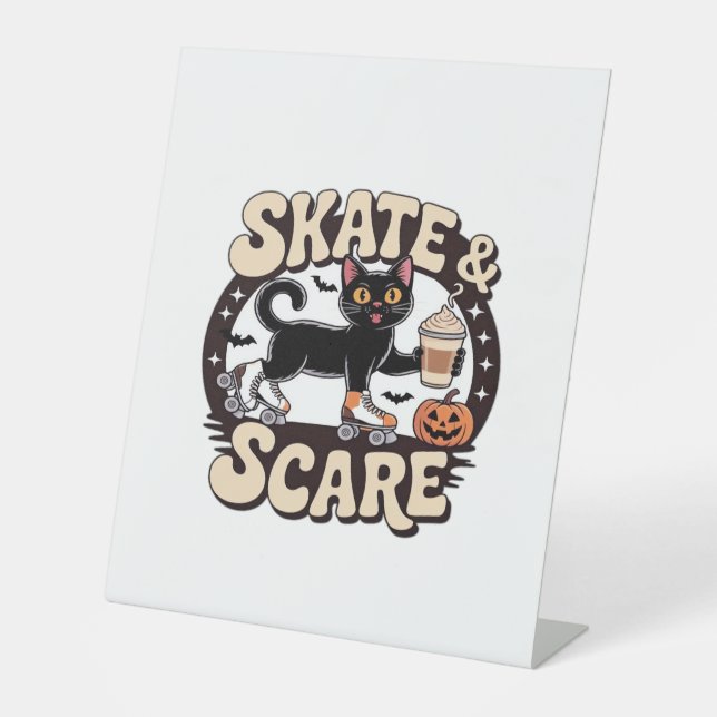 Skate & Scare � Cute Black Cat Roller Skating Over Sockelschild (Vorderseite)
