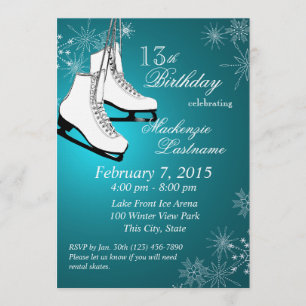 Skate und Schneeflocken Aquamarin zum Geburtstag Einladung