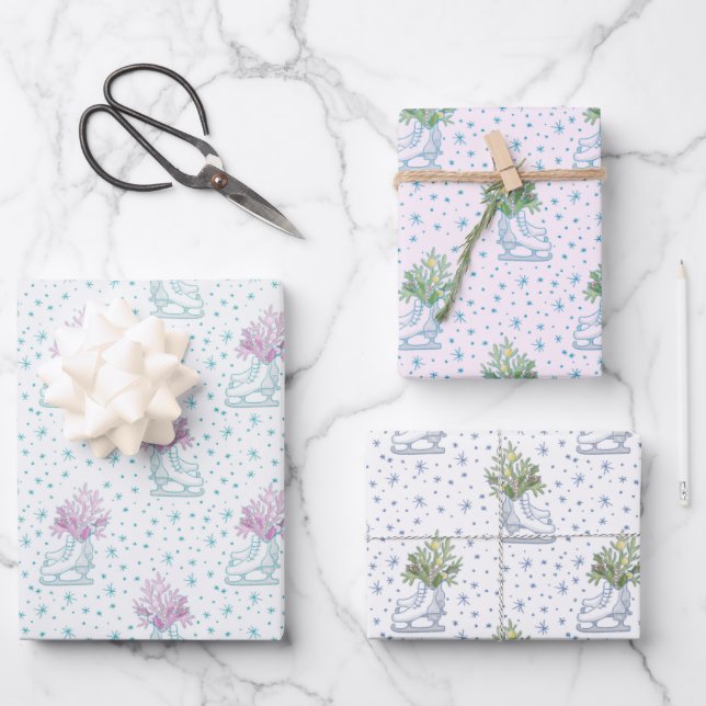 Skate und Schneeflocken Weihnachten Geschenkpapier Set (Vorderseite)