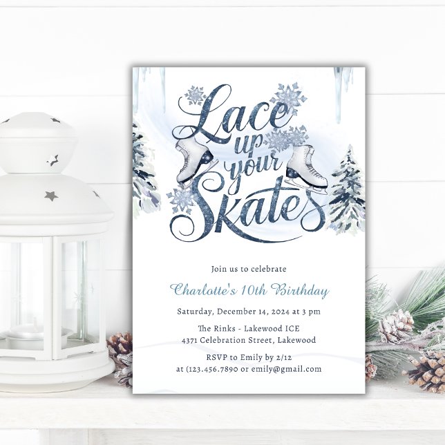 Skate Winter Ice Skaten zum Geburtstag hochfahren Einladung (Lace Up Your Skates Winter Ice Skating Birthday Invitation)