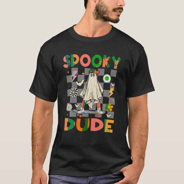 Skateboard Boo Ghost Spooky Typ Hippie Halloween T-Shirt (Vorderseite)