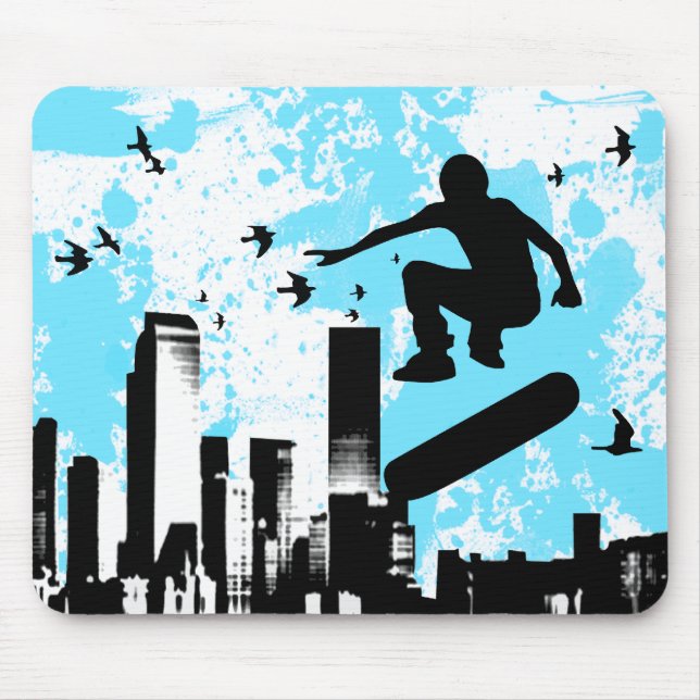Skateboard. Brett mit Vögeln. blk&aquamarin. Mousepad (Vorne)