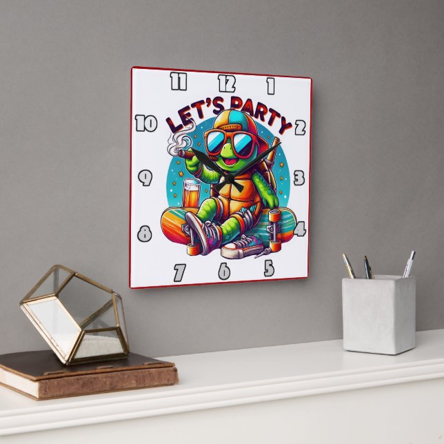 Skateboard Chill-vibes auf Schildkröten-Party Quadratische Wanduhr (Büro)