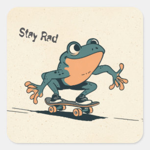 Skateboard fahrender Frosch – Süße Cartoon-Tier-Ku Quadratischer Aufkleber