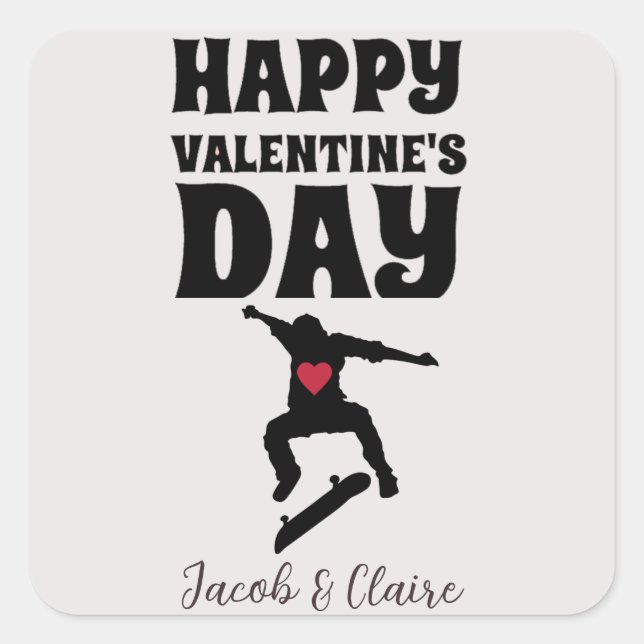 Skateboard, Happy valentines Tag personalisieren N Quadratischer Aufkleber (Vorderseite)