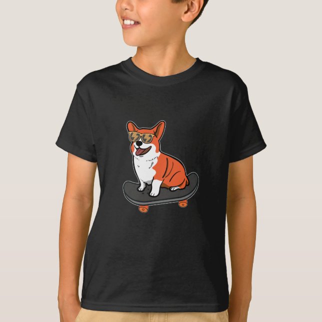 Skateboard Hund Corgi Sonnenbrille Skater Welpe T-Shirt (Vorderseite)