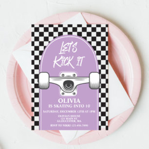 Skateboard Let's Kick It lila Geburtstagseinladung Einladung