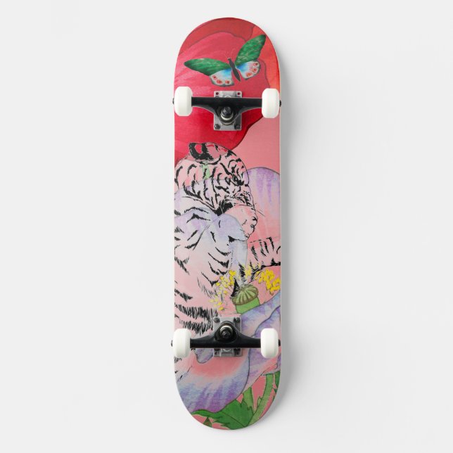 SKATEBOARD MIT TIGER UND POPPIES (Vorderseite)