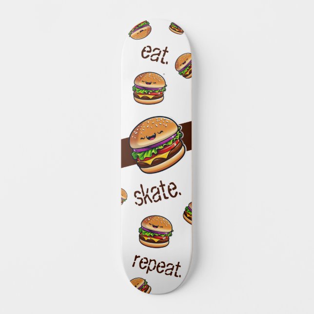 Skateboard-Motiv Burger Kawaii "eat skate repeat" Skateboard (Vorderseite)