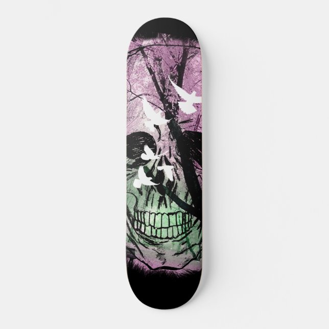 Skateboard Radikale Natur mit Vögeln und Totenkopf (Vorderseite)