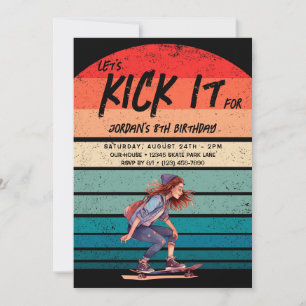 Skateboard Retro-Sonnenuntergangs-Foto Mädchen-Geb Einladung