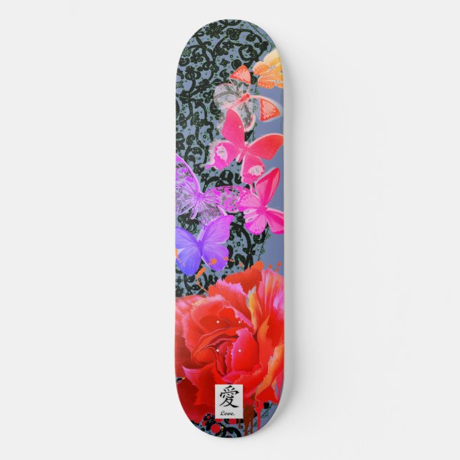 SKATEBOARD SCHWARZE FLÄCHENSCHALTFLÄCHE UND ROSE (Vorderseite)