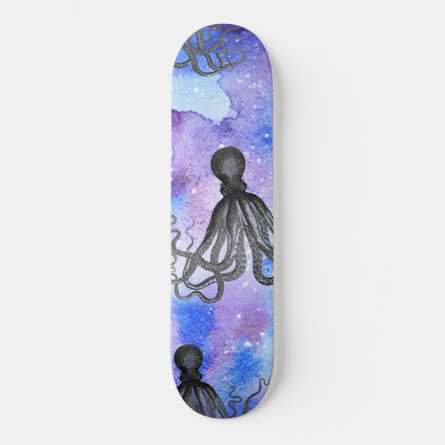 Skateboard - Schwarzer und weißer Oktopus (Vorderseite)