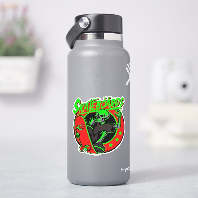 Skateboard Skelett Red Green 4" Kiss Cut Vinyl Aufkleber (HydroFlask)