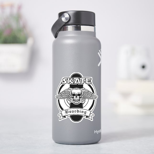 Skateboard Skull Schwarz-weiß 4" Kiss Cut Vinyl Aufkleber (HydroFlask)