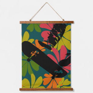 Skateboard-Sprung 60er Jahre Floral Türkis Hell Wandteppich Mit Holzrahmen