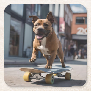Skateboard Stunt: Ein Staffy für unterwegs Rechteckiger Pappuntersetzer