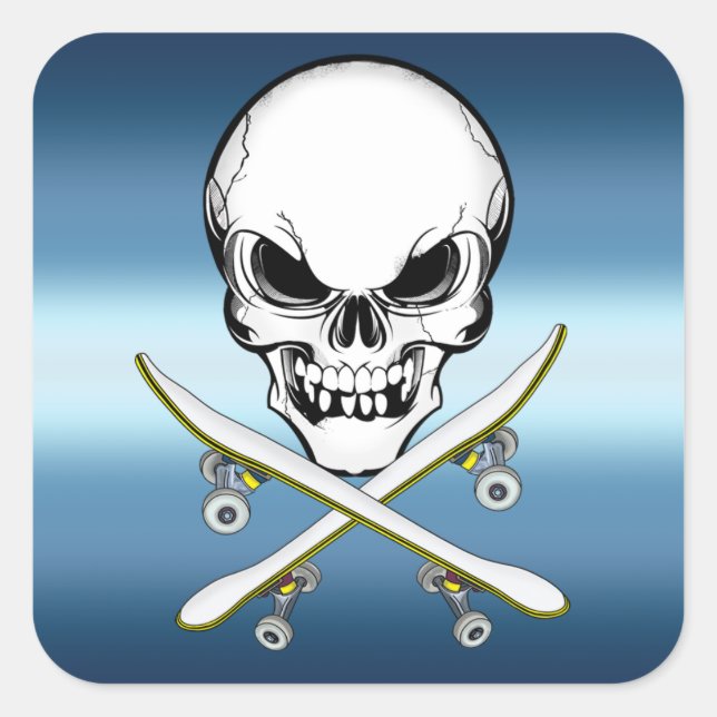 Skateboarder-Aufkleber mit blauem Skull Quadratischer Aufkleber (Vorderseite)