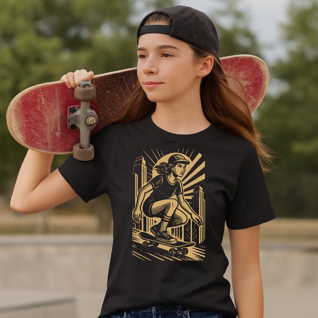 Skateboarder Girl In Retro Art Deco Gold Style T-Shirt (Von Creator hochgeladen)