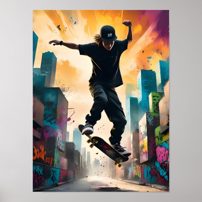 Skateboarder in Flight - Dynamischer Mittellufttri Poster (Vorne)