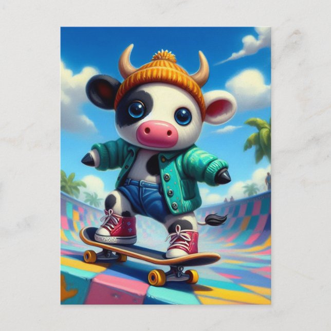 Skateboarding Adable Cow Postkarte (Vorderseite)