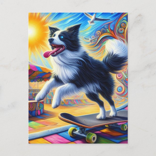 Skateboarding Adventure Surreal Border Collie Postkarte (Vorderseite)