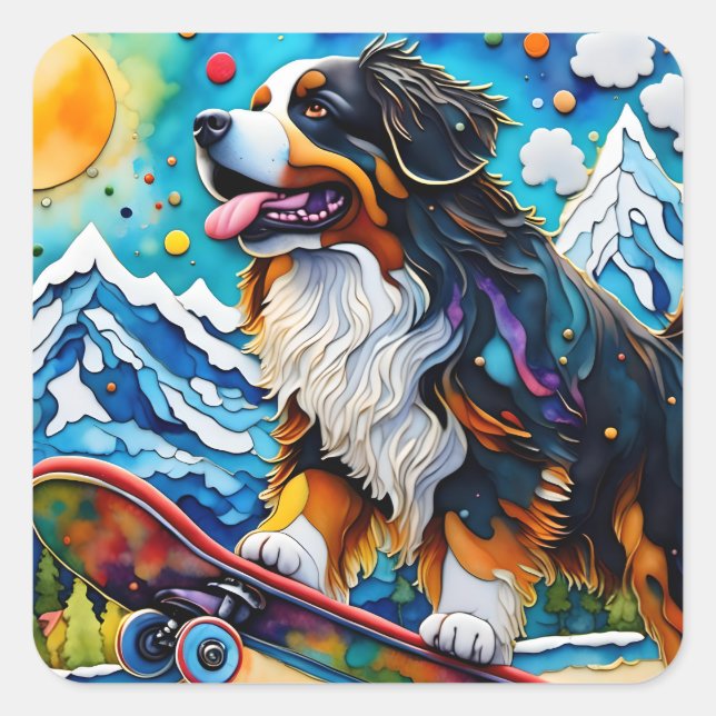 Skateboarding Bernese Mountain Hund Quadratischer Aufkleber (Vorderseite)
