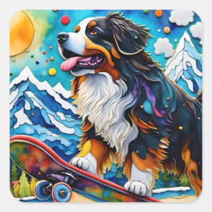Skateboarding Bernese Mountain Hund Quadratischer Aufkleber