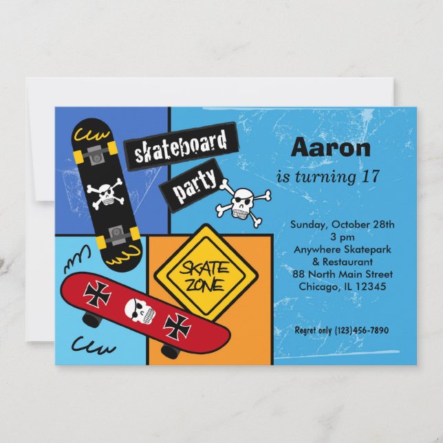Skateboarding Birthday (Light Blue) Einladung (Vorderseite)