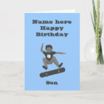 Skateboarding Boy, Son Birthday Karte hinzufügen N<br><div class="desc">Ein Junge zeichnete in Grautönen ,  indem er eine Ferse auf einem Skateboard Drehte,  mit Alter auf seinem Shirt. Fügen Sie seinen Namen hinzu und ändern Sie das Alter,  wenn Sie keine Version mit dem richtigen Alter finden können. Sohn,  acht,  hellblau.</div>