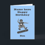 Skateboarding Boy, Son Birthday Karte hinzufügen N<br><div class="desc">Ein Junge zeichnete in Grautönen ,  indem er eine Ferse auf einem Skateboard Drehte,  mit Alter auf seinem Shirt. Fügen Sie seinen Namen hinzu und ändern Sie das Alter,  wenn Sie keine Version mit dem richtigen Alter finden können. Sohn,  acht,  hellblau.</div>