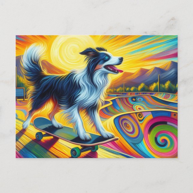 Skateboarding Colorful Surreal Border Collie Postkarte (Vorderseite)