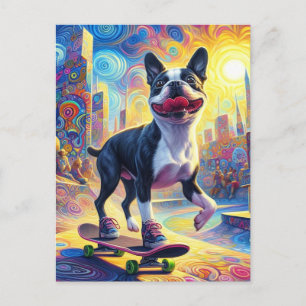 Skateboarding Colorful Surreal Boston Terrier Postkarte