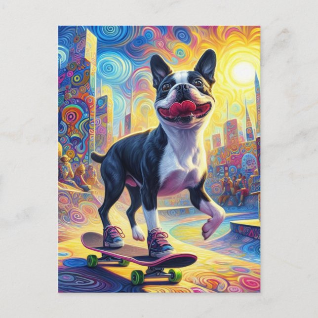Skateboarding Colorful Surreal Boston Terrier Postkarte (Vorderseite)
