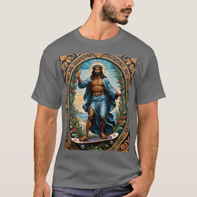Skateboarding Jesus Heiligen Symbol T-Shirt (Vorderseite)