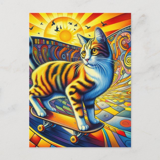 Skateboarding Kitty Surreal Farbenfroh und Spaß Postkarte (Vorderseite)