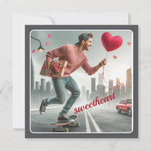 Skateboarding mit Geschenk Sweetheart Valentine Feiertagskarte