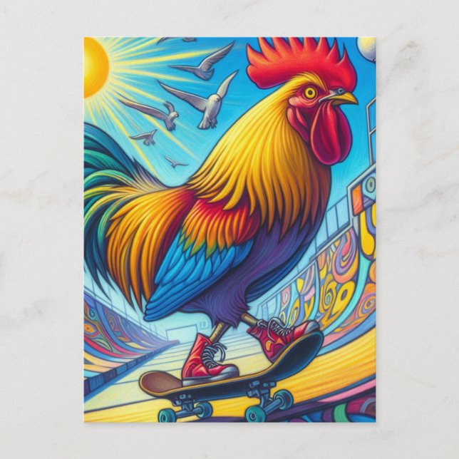 Skateboarding Rooster Surreal Farbe und Spaß Postkarte (Vorderseite)