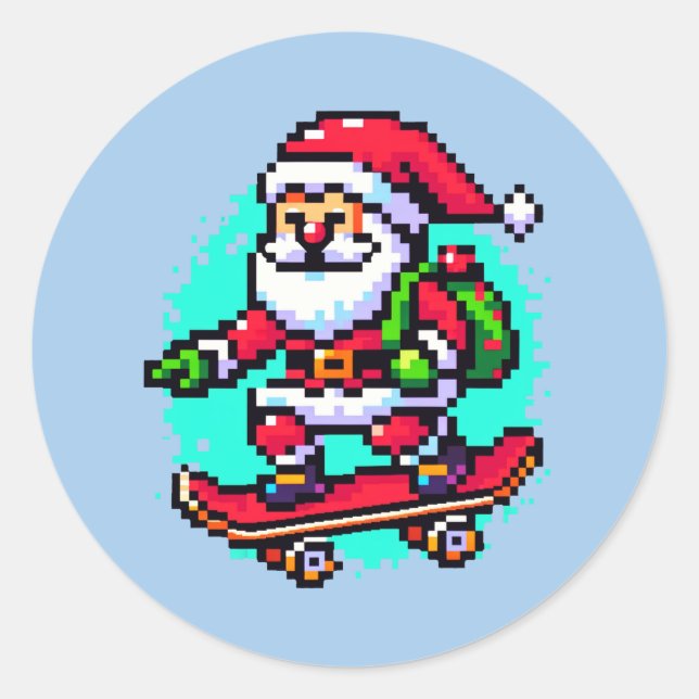 Skateboarding Santa - Fun Pixel Art Holiday Design Runder Aufkleber (Vorderseite)