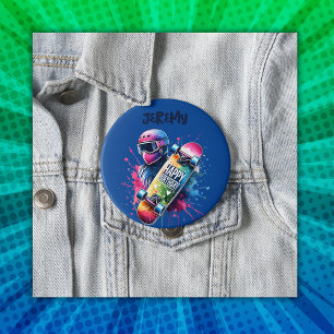 Skateboarding Skater Happy Birthday Monogram Blue  Button