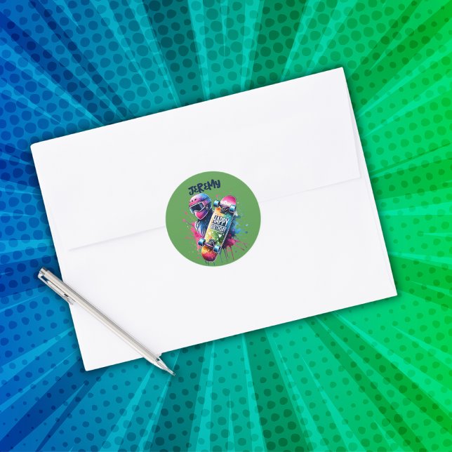 Skateboarding Skater Happy Birthday Monogram Gr | Runder Aufkleber (Von Creator hochgeladen)