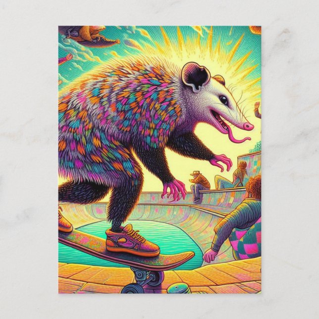 Skateboarding Surreal Adable Opossum Postcard Postkarte (Vorderseite)