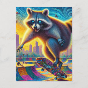 Skateboarding Surreal Adable Raccoon Postkarte