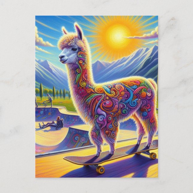 Skateboarding Surreal Adorable Alpaca Postkarte (Vorderseite)