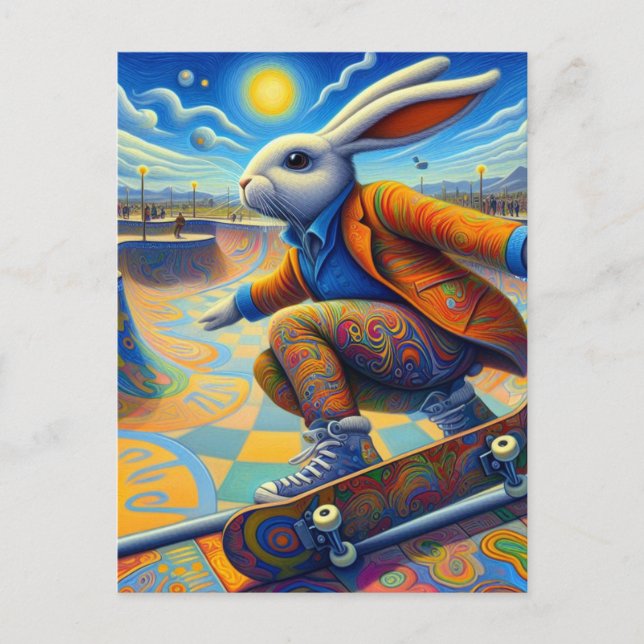 Skateboarding Surreal Colorful and Fun Rabbit Postkarte (Vorderseite)
