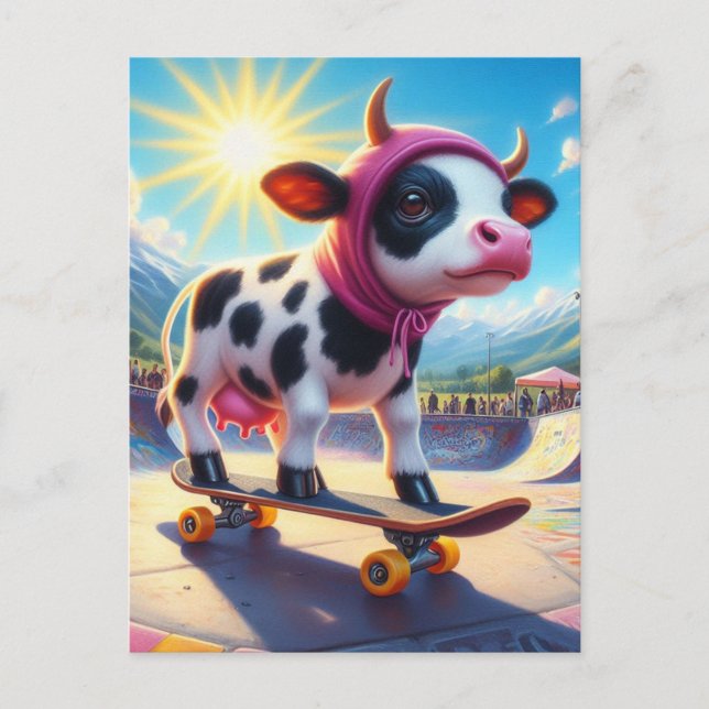 Skateboarding Surreal Cow Postkarte (Vorderseite)