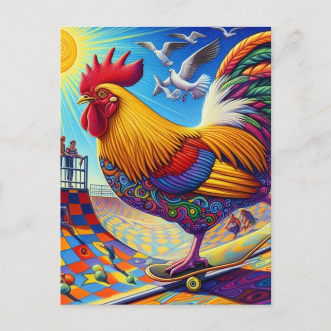 Skateboarding Surreal Farbenfroh und Spaß Rooster Postkarte (Vorderseite)