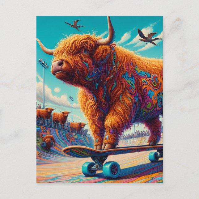 Skateboarding Surreal Highland Cow Postkarte (Vorderseite)