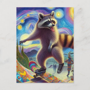 Skateboarding süßer surrealer Waschbär Postkarte
